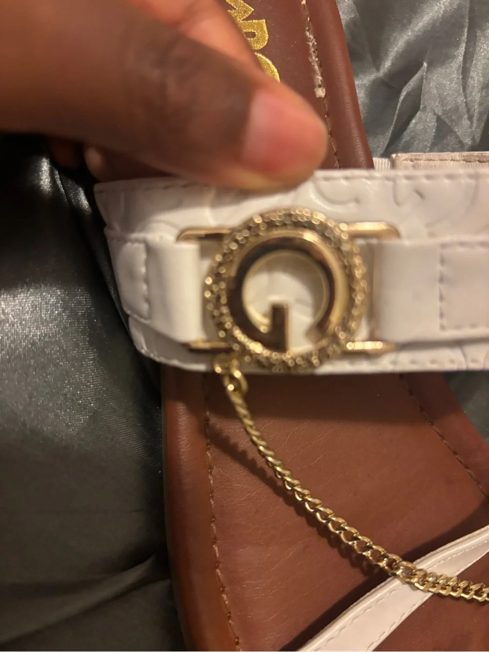 G by Guess Cream Leather Chain-Accent Sandals